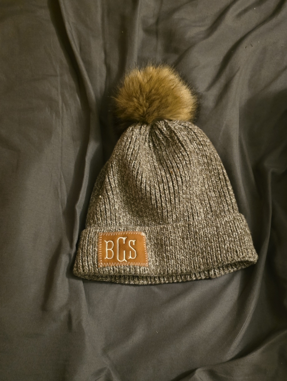 Monogram Knit Pom Beanie - Gray with Brown Pom